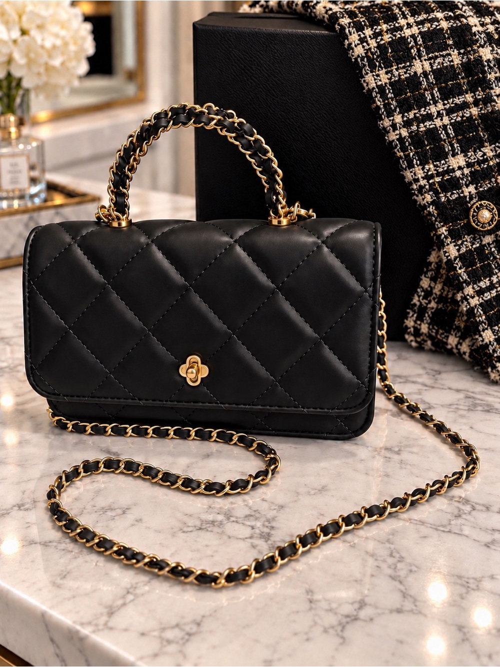Quilted Top-Handle Chain Shoulder Bag - Black